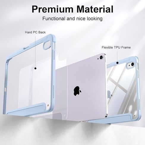 حافظة لجهاز iPad Air 11 بوصة M3/M2 2025/2024، iPad Air الجيل الخامس/الرابع 10.9 بوصة 2022/2020 مع حامل أقلام، نوم/تنبيه تلقائي، غطاء مقاوم للصدمات مع غطاء خلفي شفاف (أزرق فاتح) in Kuwait