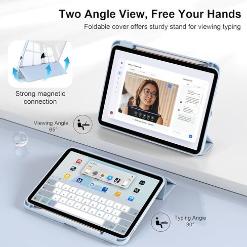 حافظة لجهاز iPad Air 11 بوصة M3/M2 2025/2024، iPad Air الجيل الخامس/الرابع 10.9 بوصة 2022/2020 مع حامل أقلام، نوم/تنبيه تلقائي، غطاء مقاوم للصدمات مع غطاء خلفي شفاف (أزرق فاتح) in Kuwait