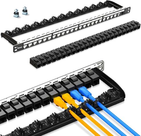 لوحة التصحيح 24 منفذ 0.5U 19 بوصة مع 6 قطع CAT6 مقرنة كيستون جاك (EC مدرجة) UTP 10G إيثرنت موفر للوقت Rj45 مع شريط خلفي قوي (مع مقبس Cat6A Kestone غير محمي) in Kuwait