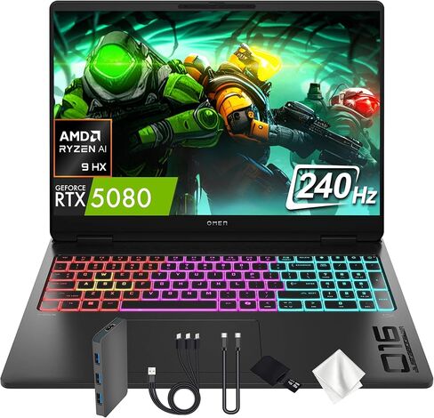HP OMEN MAX 16" WQXGA 240Hz Gaming Laptop, AMD Ryzen AI 9 HX 375, NVIDIA GeForce RTX 5080 16GB GDDR7, 64GB DDR5, 3TB Storage (2TB SSD&1TB Docking Station), Backlit Keyboard, Wi-Fi 7, Win 11 Pro, Black in Kuwait
