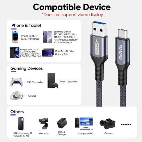 كابل نقل البيانات USB إلى النوع C بطول 10 أقدام، USB 3.2 Gen 2 Type‑A 10 جيجابت في الثانية سلك نقل بيانات عالي السرعة 3A شحن طويل USB-A إلى USB-C لأجهزة PS5 Xbox Switch Computer Hub/Dock iPhone 17/16/15 هواتف Android in Kuwait