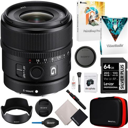 Sony SEL15F14G E 15mm F1.4 G APS-C Large-Aperture Wide-Angle G Lens Bundle with Lexar 64GB SDXC UHS-I Card, Deco Photo All-in-One Cleaning Kit and Corel Photo Video Suite (Digital Download) in Saudi Arabia