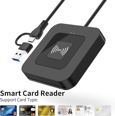 قارئ بطاقات ذكية USB مع تقنية NFC - واجهة مزدوجة للاتصال وقارئ بطاقات IC بدون تلامس، توصيل وتشغيل محول USB-A وUSB-C، متوافق مع أنظمة Windows وMacOS وLinux للخدمات المصرفية وملفات الضرائب والوصول in Kuwait