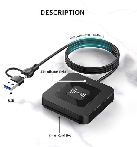 قارئ بطاقات ذكية USB مع تقنية NFC - واجهة مزدوجة للاتصال وقارئ بطاقات IC بدون تلامس، توصيل وتشغيل محول USB-A وUSB-C، متوافق مع أنظمة Windows وMacOS وLinux للخدمات المصرفية وملفات الضرائب والوصول in Kuwait