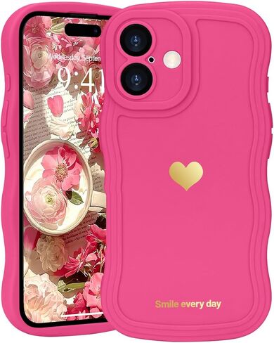 LAPOPNUT for iPhone 16 Plus Case Cute Heart Simple Wave Frame Case Aesthetic Design Solid Color Girls Women TPU Silicone Slim Phone Cover for iPhone 16 Plus,Rose red in Kuwait