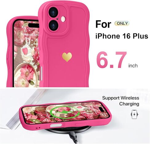LAPOPNUT for iPhone 16 Plus Case Cute Heart Simple Wave Frame Case Aesthetic Design Solid Color Girls Women TPU Silicone Slim Phone Cover for iPhone 16 Plus,Rose red in Kuwait