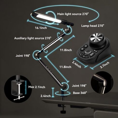Adjustable LED Desk Lamp Modern Black - Clamp Mount Office Table Light with Desktop Remote Control, Adjustable Brightness & Color Temperature, 5 Lighting Modes for Reading, Computer, DIY in Saudi Arabia