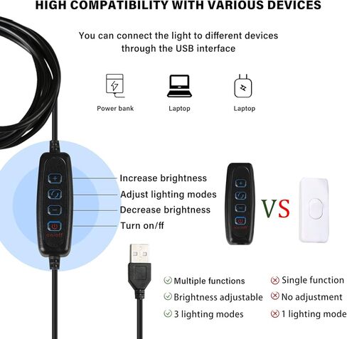 SIXRUN USB LED Lamp, 3 Lighting Modes Warm White Cold White Natural Light 10 Brightness Levels, with Hook and 2.5m Long Wire, for Camping Emergency Home Outdoor Lighting in Saudi Arabia