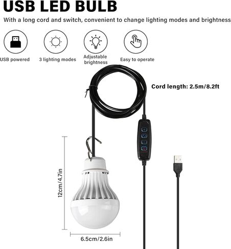 SIXRUN USB LED Lamp, 3 Lighting Modes Warm White Cold White Natural Light 10 Brightness Levels, with Hook and 2.5m Long Wire, for Camping Emergency Home Outdoor Lighting in Saudi Arabia