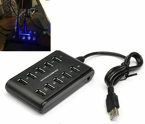 محطة إرساء محور 1 إلى 10 USB 2.0 | موزع USB مزدوج الصف بـ 10 منافذ مع مفتاح، نقل بيانات وشحن بسرعة 480 ميجابت في الثانية، محور مضغوط أسود ABS للكمبيوتر/المنزل in Saudi Arabia