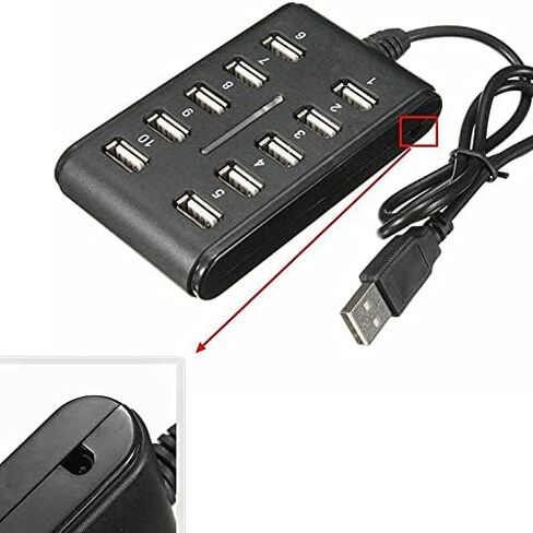محطة إرساء محور 1 إلى 10 USB 2.0 | موزع USB مزدوج الصف بـ 10 منافذ مع مفتاح، نقل بيانات وشحن بسرعة 480 ميجابت في الثانية، محور مضغوط أسود ABS للكمبيوتر/المنزل in Saudi Arabia