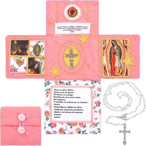 HunnmingRe Handmade Catholic Pocket with Silver Prayer Cross, Catholic Pocket Shrine with Built in Pearl Rosary Cross Prayer Quilt Portable Faith Altar Christian Gift for Friends and Family in Saudi Arabia