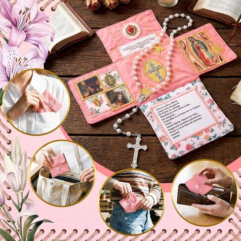 HunnmingRe Handmade Catholic Pocket with Silver Prayer Cross, Catholic Pocket Shrine with Built in Pearl Rosary Cross Prayer Quilt Portable Faith Altar Christian Gift for Friends and Family in Saudi Arabia
