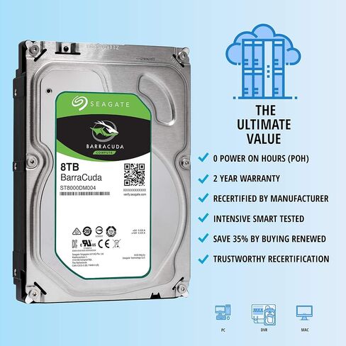 Seagate Barracuda 8TB 7.2K SATA 6Gb/s 256MB Cache 3.5in | 512e | ST8000DM004 | HDD Bundle with COMPATILY Aluminum Hard Drive Carrier Screw Kit (Renewed) in Saudi Arabia