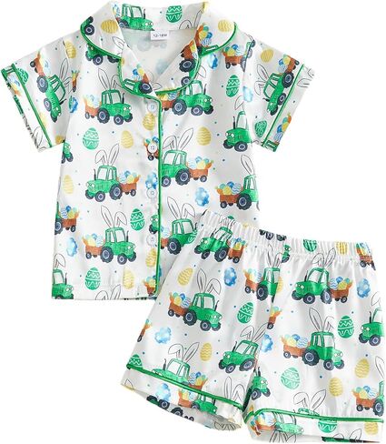 Kurizud أطفال طفل صبي عيد الفصح منامة قصيرة الأكمام زر أسفل قميص أعلى والسراويل 2PCS PJS مجموعات ملابس خاصة in Kuwait