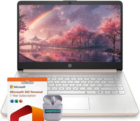 كمبيوتر محمول للأعمال HP مقاس 14 بوصة مزود بـ Microsoft Office 365، ومعالج Intel رباعي النواة، وسعة تخزين 1.1 تيرابايت (128 جيجابايت SSD + 1 تيرابايت OneDrive)، وذاكرة وصول عشوائي 8 جيجابايت، ونظام التشغيل Windows 11، وسماعات SageNova، ذهبي وردي باهت in Saudi Arabia