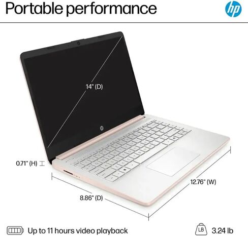 كمبيوتر محمول للأعمال HP مقاس 14 بوصة مزود بـ Microsoft Office 365، ومعالج Intel رباعي النواة، وسعة تخزين 1.1 تيرابايت (128 جيجابايت SSD + 1 تيرابايت OneDrive)، وذاكرة وصول عشوائي 8 جيجابايت، ونظام التشغيل Windows 11، وسماعات SageNova، ذهبي وردي باهت in Saudi Arabia