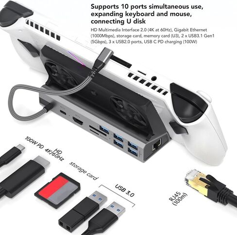10 in 1 Steam Deck Docking Station, USB C Hub Deck Dock with 5Port USB 3.0 USB2.0, HDMI2.0 4K at 60Hz, 1000Mbps Gigabit Ethernet, Dual Fan,100W Charging for Valve in Saudi Arabia