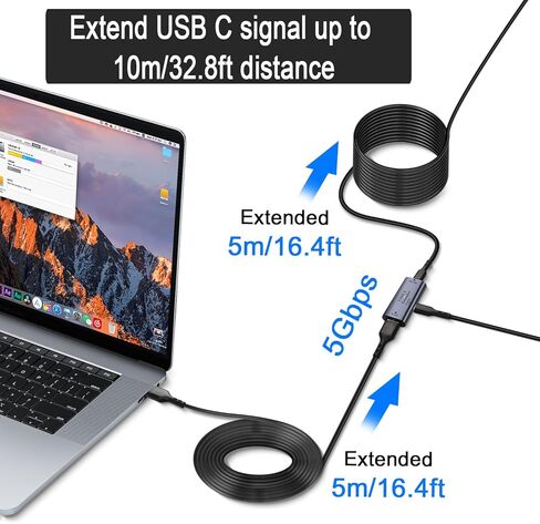 QIANRENON 5 جيجابت في الثانية USB3.2 إلى USB C شحن محول موسع البيانات تمديد 10 متر/32.8 قدم USB3.2 مدخل إلى USB C مخرج موصل تضخيم الإشارة لمسافات طويلة 5 فولت/3 أمبير، منفذ طاقة USB C 15 وات in Saudi Arabia