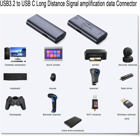 QIANRENON 5 جيجابت في الثانية USB3.2 إلى USB C شحن محول موسع البيانات تمديد 10 متر/32.8 قدم USB3.2 مدخل إلى USB C مخرج موصل تضخيم الإشارة لمسافات طويلة 5 فولت/3 أمبير، منفذ طاقة USB C 15 وات in Saudi Arabia