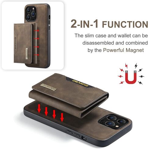 حافظة محفظة متوافقة مع هاتف iPhone 13 Pro Max، DG.MING حافظة هاتف جلدية فاخرة غطاء خلفي مغناطيسي قابل للفصل مع جيب حامل بطاقات ثلاثي الطي لهاتف iPhone 13 Pro Max (قهوة) in Kuwait