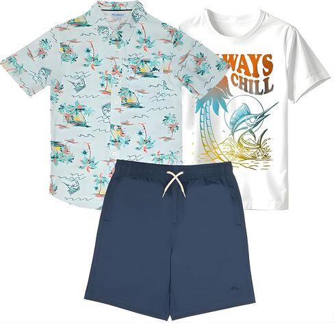 Tommy Bahama Boys Hawaiian Button Down Short-Sleeved Shirt, Graphic T-Shirt & Shorts Set, 3-Piece Summer Outfit for Kids in Saudi Arabia