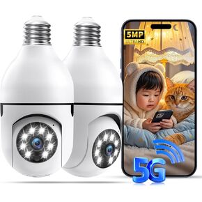 كاميرات مراقبة بمصباح كهربائي، كاميرا بمصباح كهربائي 5 ميجابكسل و360 درجة PTZ في الهواء الطلق، كاميرا لمبات إضاءة 5G و2.4G، كشف حركة AI، رؤية ليلية ملونة، محادثة ثنائية الاتجاه، تخزين سحابي/TF، متوافق مع Alexa in Kuwait