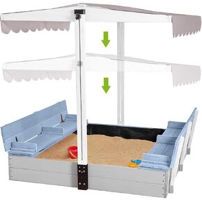 Kids Wooden Outdoor Sandbox w/Canopy, 2 Foldable Bench Seats, Retractable Roof Sand Protection Liner 47x47-Inch in Saudi Arabia