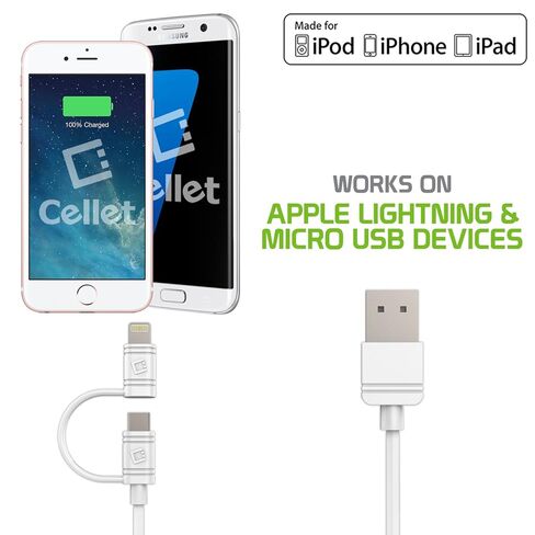 كابل شاحن Cellet iPhone، سلك شحن iPhone مع مجموعة موصل Micro-USB متوافق مع iPhone 13 Pro Max Mini 12 Pro Max Mini 11 iPad Pro iPad Air iPad Mini - أبيض in Kuwait