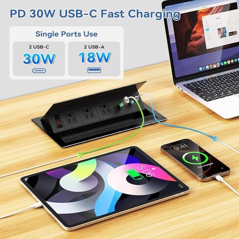 محور طاقة لطاولة المؤتمرات مع 4 منافذ USB، منافذ 3AC TR، شحن سريع PD 30W USB-C PD، غطاء معدني مثبت على المكاتب والمطابخ والمركبات الترفيهية وسلك طاقة بطول 6 أقدام in Saudi Arabia