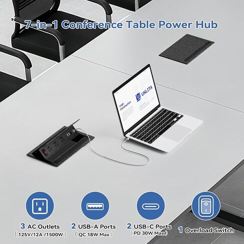 محور طاقة لطاولة المؤتمرات مع 4 منافذ USB، منافذ 3AC TR، شحن سريع PD 30W USB-C PD، غطاء معدني مثبت على المكاتب والمطابخ والمركبات الترفيهية وسلك طاقة بطول 6 أقدام in Saudi Arabia