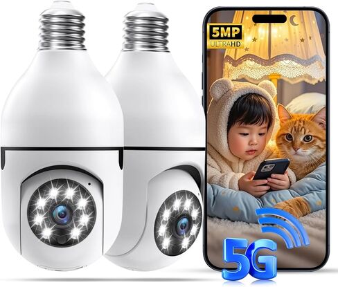 كاميرات مراقبة بمصباح كهربائي، كاميرا بمصباح كهربائي 5 ميجابكسل و360 درجة PTZ في الهواء الطلق، كاميرا لمبات إضاءة 5G و2.4G، كشف حركة AI، رؤية ليلية ملونة، محادثة ثنائية الاتجاه، تخزين سحابي/TF، متوافق مع Alexa in Kuwait