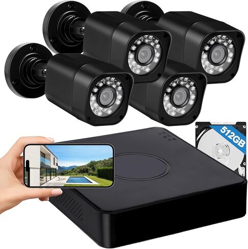 نظام كاميرا أمان سلكية 4CH 1080P، AIWIXEN CCTV DVR مع محرك أقراص ثابتة سعة 512 جيجابايت، 4 × كاميرات مراقبة منزلية IP68 مقاومة للماء مع اكتشاف المركبات البشرية، الوصول عن بعد، تسجيل 24-7 in Saudi Arabia
