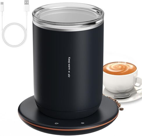 2-in-1 Selfstirring Coffee Mug, 55℃ Constant Temperature Mug Heater, 10W Magnetic Selfstirring, 300ml/10.5oz Insulated Stainless Steel with Touch Button Base and Dust (Black) in Saudi Arabia