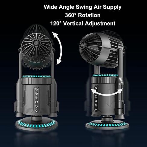 Marhynchus Mist Cooling Fan، RGB LED Light Dynamic Mist 360 دوران محرك هادئ 5000 مللي أمبير بطارية 12 ساعة وقت تشغيل USB C شحن سريع، مع التحكم الصوتي لمزامنة الموسيقى، لمكاتب غرف الألعاب in Kuwait