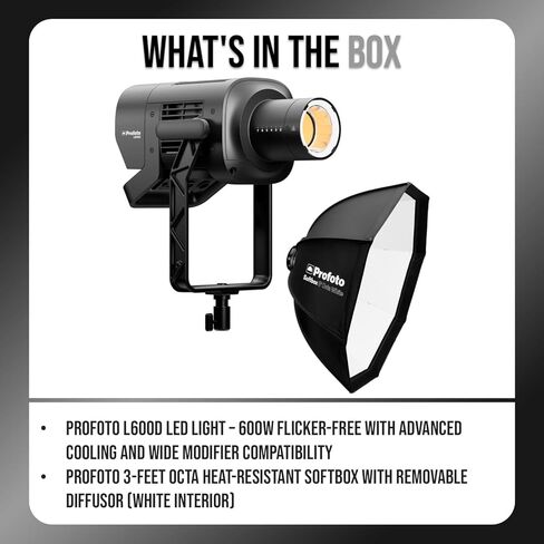 ضوء LED Profoto L600D خالٍ من الوميض مع تبريد متقدم وحزمة تعديل واسعة مع صندوق سوفت بوكس ​​مقاوم للحرارة بطول 3 أقدام مع جزء داخلي أبيض (عنصران) in Kuwait