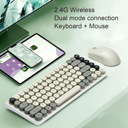 Wireless Keyboard Mouse Combo, 85 Keys 2.4G Bluetooth Dual Mode Retro Round Keycaps, with 10M Range Removable Keycaps 9 Degree Tilt, for Wins OS X in Kuwait
