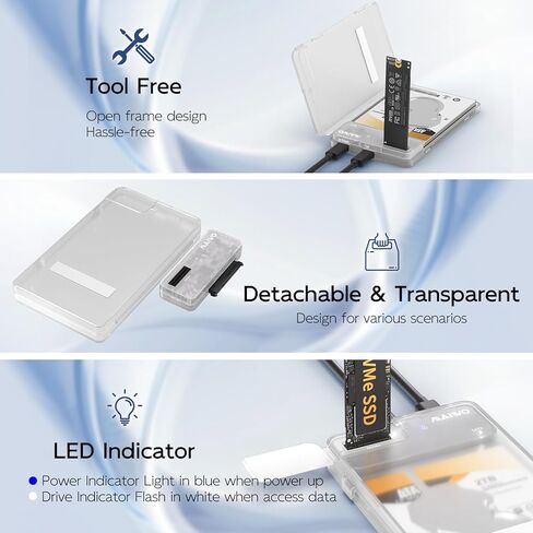 حاوية MAIWO مقاس 2.5 بوصة SATA SSD HDD، محول NVMe إلى USB C، قارئ محرك أقراص ثابت مجاني بسرعة 10 جيجابت في الثانية لـ M.2 PCIe NVMe M Key SSD وكابل SATA 2.5 بوصة، طاقة 5 فولت 3 أمبير in Kuwait