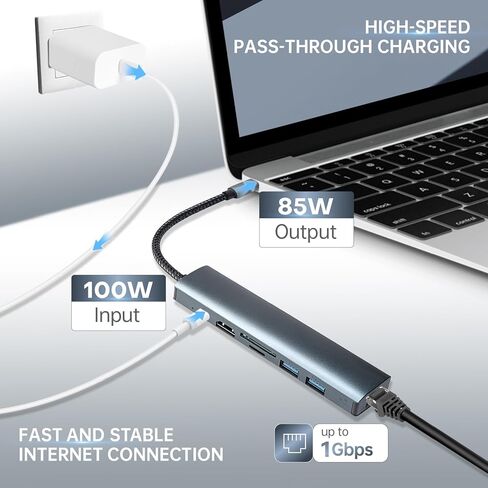 موزع USB C 7 في 1 مع HDMI 4K 30 هرتز، إيثرنت 1 جيجابت في الثانية، توصيل طاقة 100 وات، فتحات بطاقة SD/TF، ​​منافذ بيانات USB 3.0 لأجهزة MacBook، iPad Pro، XPS in Kuwait