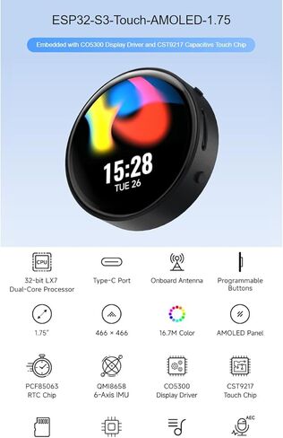 waveshare ESP32-S3 1.75inch AMOLED Round Touch Display Development Board with Case 466×466 Pixels 16.7M Color Display,QSPI Interface,Support Wi-Fi and BLE 5 in Saudi Arabia