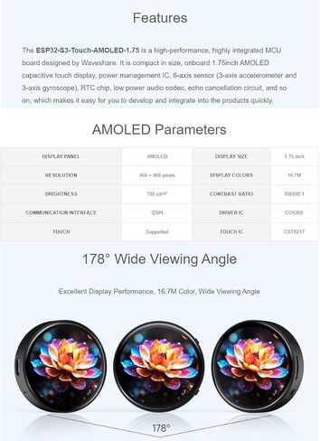 waveshare ESP32-S3 1.75inch AMOLED Round Touch Display Development Board with Case 466×466 Pixels 16.7M Color Display,QSPI Interface,Support Wi-Fi and BLE 5 in Saudi Arabia