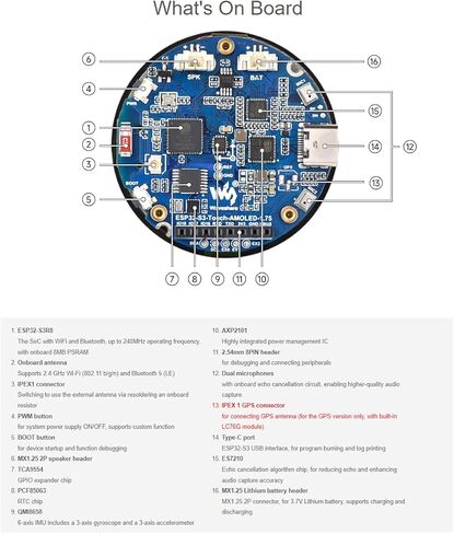 waveshare ESP32-S3 1.75inch AMOLED Round Touch Display Development Board with Case 466×466 Pixels 16.7M Color Display,QSPI Interface,Support Wi-Fi and BLE 5 in Saudi Arabia