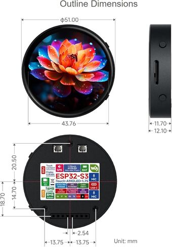 waveshare ESP32-S3 1.75inch AMOLED Round Touch Display Development Board with Case 466×466 Pixels 16.7M Color Display,QSPI Interface,Support Wi-Fi and BLE 5 in Saudi Arabia