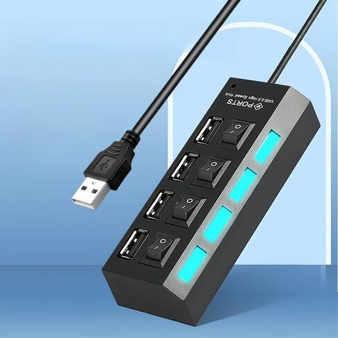 موزع USB 2.0 مع مفاتيح تشغيل/إيقاف LED فردية، موزع محور 4 منافذ مع كابل 0.4 متر/15.37 بوصة، محول USB متعدد المنافذ متوافق مع الكمبيوتر المحمول، محرك فلاش، محرك الأقراص الصلبة، لوحة المفاتيح، الماوس، أسود in Kuwait
