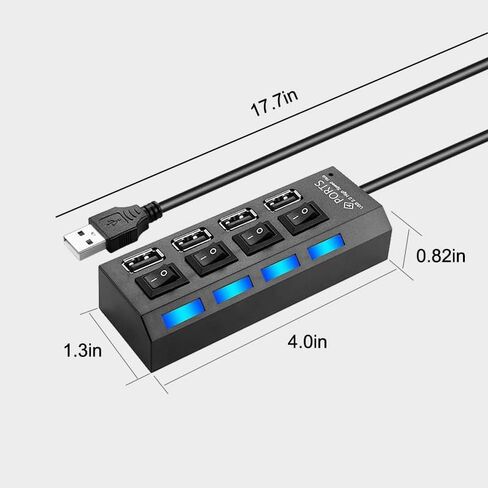 موزع USB 2.0 مع مفاتيح تشغيل/إيقاف LED فردية، موزع محور 4 منافذ مع كابل 0.4 متر/15.37 بوصة، محول USB متعدد المنافذ متوافق مع الكمبيوتر المحمول، محرك فلاش، محرك الأقراص الصلبة، لوحة المفاتيح، الماوس، أسود in Kuwait