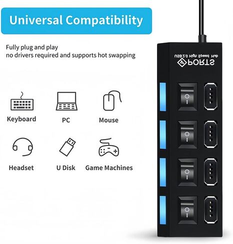 موزع USB 2.0 مع مفاتيح تشغيل/إيقاف LED فردية، موزع محور 4 منافذ مع كابل 0.4 متر/15.37 بوصة، محول USB متعدد المنافذ متوافق مع الكمبيوتر المحمول، محرك فلاش، محرك الأقراص الصلبة، لوحة المفاتيح، الماوس، أسود in Kuwait