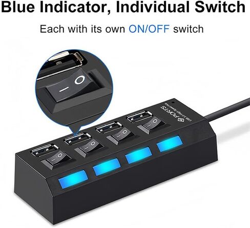 موزع USB 2.0 مع مفاتيح تشغيل/إيقاف LED فردية، موزع محور 4 منافذ مع كابل 0.4 متر/15.37 بوصة، محول USB متعدد المنافذ متوافق مع الكمبيوتر المحمول، محرك فلاش، محرك الأقراص الصلبة، لوحة المفاتيح، الماوس، أسود in Kuwait