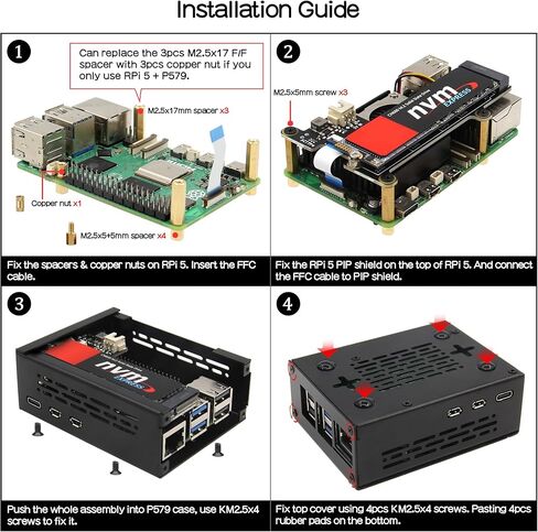 Geekworm X1001 M.2 Key-M NVMe SSD PIP PCIe Peripheral Board+P579 Metal Case+PD 27W USB-C Power Supply for Raspberry Pi 5 in Saudi Arabia