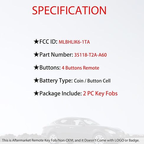 MechanMagic Key Fob استبدال جهاز التحكم عن بعد يناسب Honda Accord 2016 2017 / Civic 2016-2020 MLBHLIK6-1TA دخول بدون مفتاح التحكم عن بعد مفتاح غير مقطوع 4 أزرار 433Mhz 35118-T2A-A60 (مجموعة من 2) in Kuwait