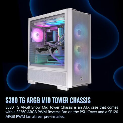 Thermaltake S380 TG ARGB; Mid Tower Chassis; 1x120mm SF120 ARGB & 1x360mm SF360 ARGB PWM Fans Included; 360mm Radiator Support; 400mm GPU Clearance; Hidden Connector Support; Snow; CA-11K-00M6WN-00 in Saudi Arabia